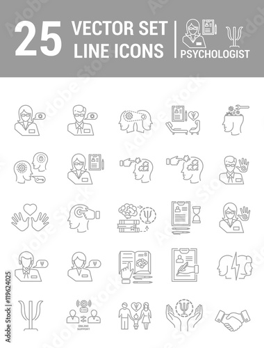 Set vector line icons in flat design with psychological help elements