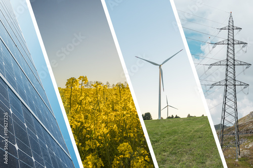 Nachhaltige und erneuerbare Energien Collage mit Solar Panel, Rapsfeld Windkraftwerk und Strommasten