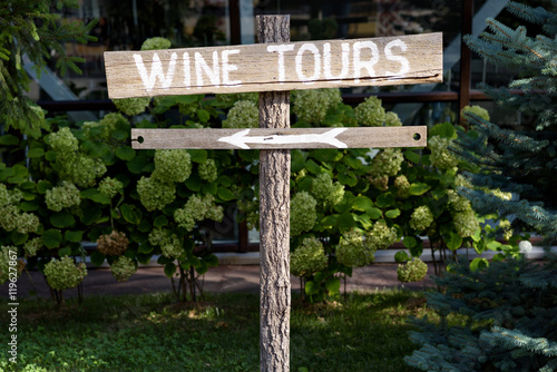 Wooden wine tour sign with arrow with green shrubs on background
