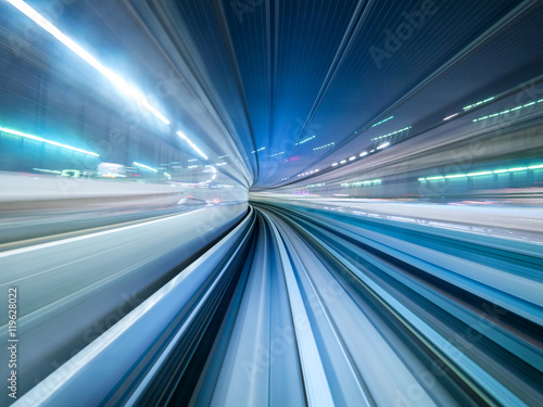 Motion blur of train moving inside tunnel in Tokyo, Japan