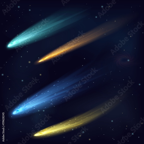 Realistic color vector meteor asteroid comet in the night sky in space. Space Cosmos galaxy background.