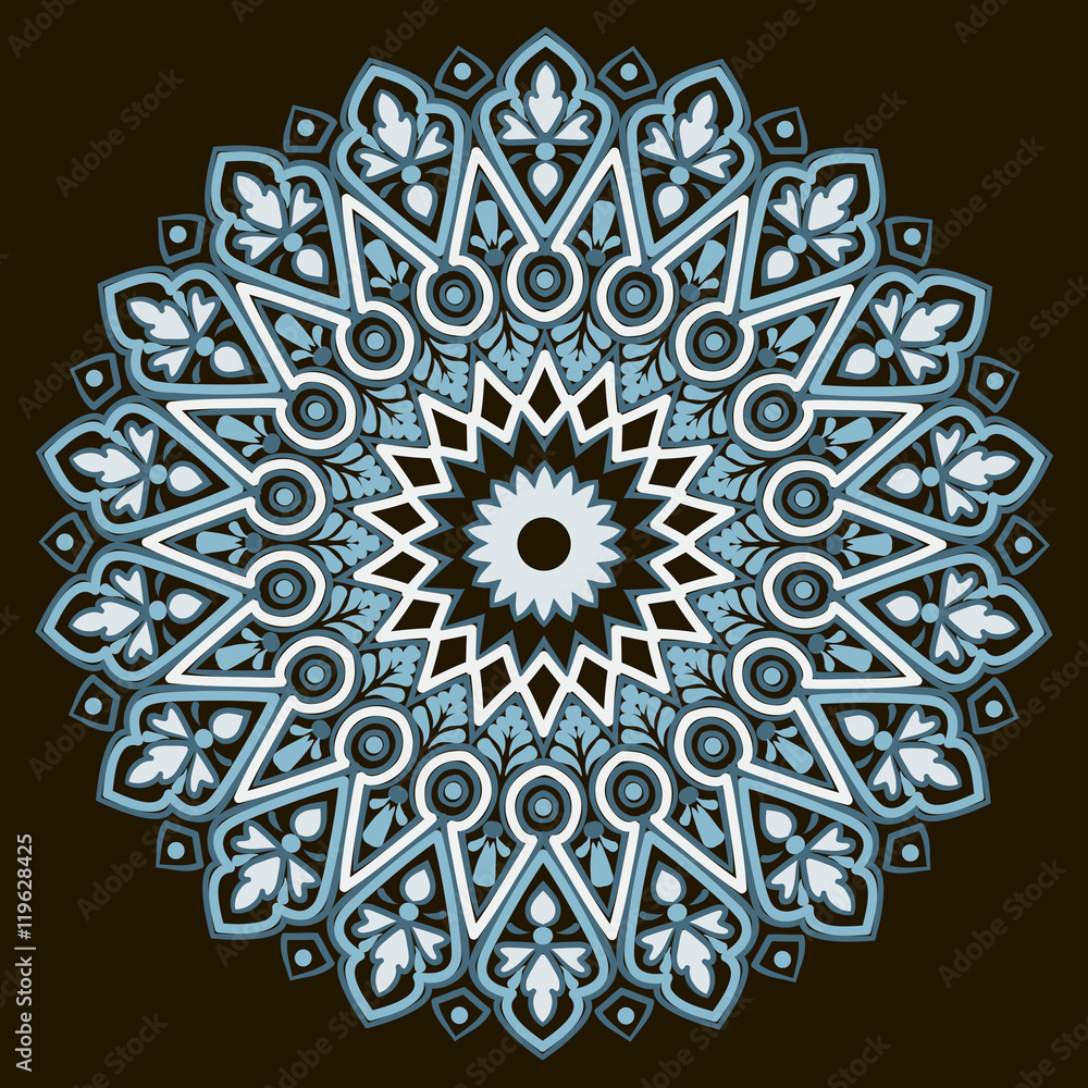 Drawing of a floral mandala in white and blue colors on a black background