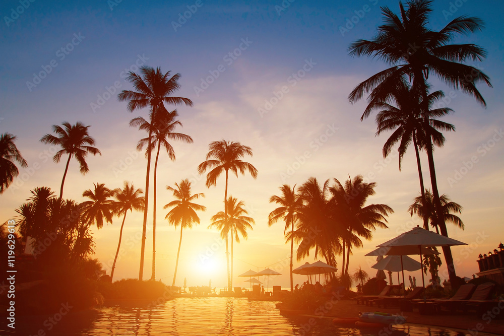 summer holidays, paradise tropical beach background, luxurious hotel at sunset