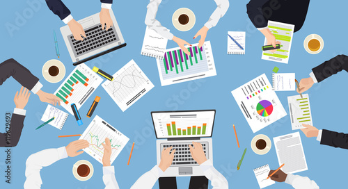 Business management teamwork discuss meeting brainstorming concept. Hands with laptop, tablet papers. Top view of Business office workspace.