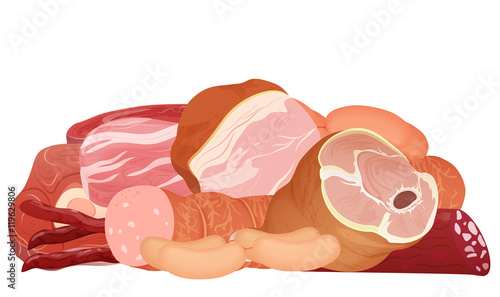 Different kinds of meat set. Pork meat, veal and ham meat, salami slices, sausage, bacon and beef. A lot of meat.
