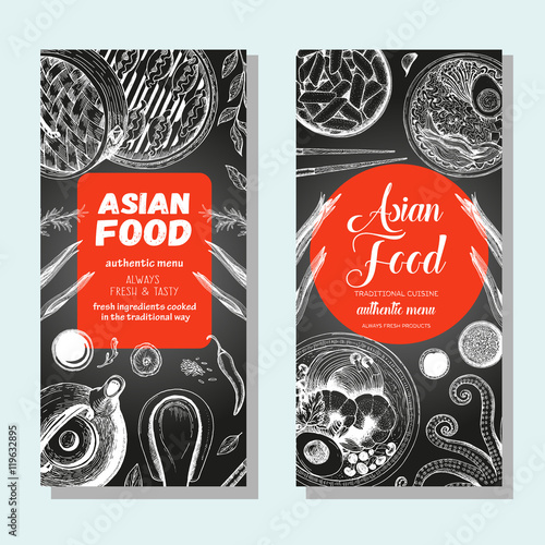 Asian food banner set. Asian food flyer collection. Linear graphic