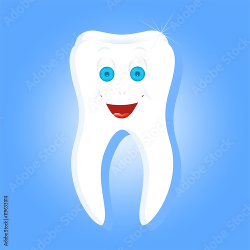 White human tooth with down laughing face with blue eyes with eyebrows and a big smile with white teeth and tongue on a blue background