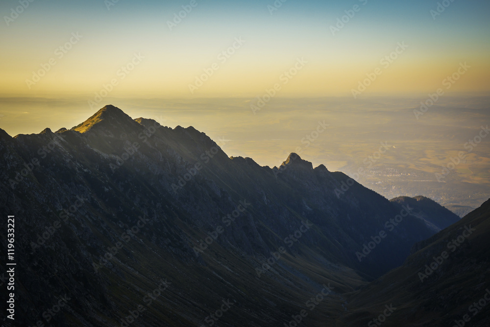 Mountain layers at sunset, Fagaras, Carpathian Mountains, Romania