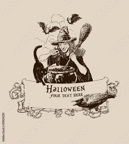 Vintage halloween witch making potion poster banner mail vector illustration
