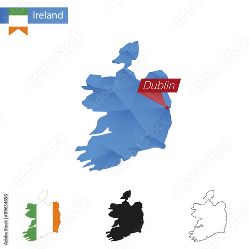 Photography Ireland blue Low Poly map with capital Dublin.