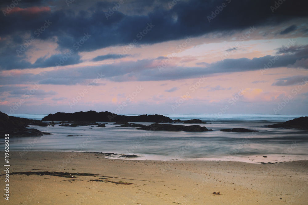 Early morning view of the beach at Polzeath Vintage Retro Filter