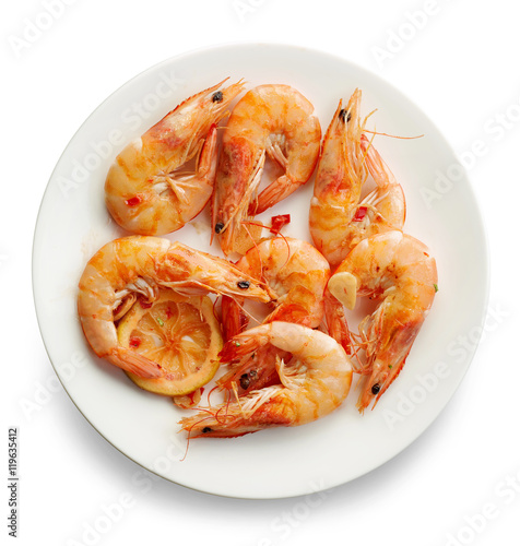 roasted prawns on white plate