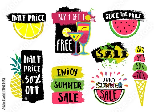 Vector summer sale labels with hand drawn slices of watermelon, lemon, pineapple, ice cream, cocktails. Bright design for discount posters, flyers, cards, banner with lettering.