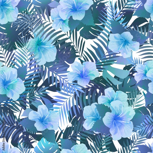 Seamless pattern with exotic hibiscus flowers and palm leaves. Endless tropical texture.