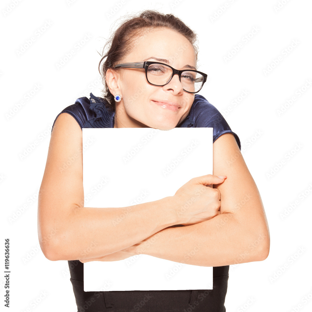 Happy student hugging a clean sheet. Girl in glasses. Office Style. Isolated on white. Happy student hugging a clean sheet. Girl in glasses. Office Style. Isolated on white.