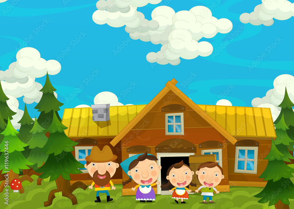 Naklejka premium Cartoon happy and funny farm scene with young pair of kids and parents - brother and sister - illustration for children