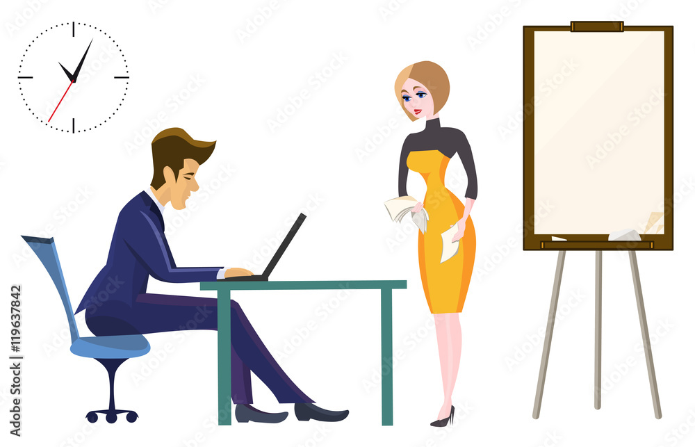 Boss and secretary in the office of the head. Secretary with documents in hand near the flip chart. On the wall clock. The working process.