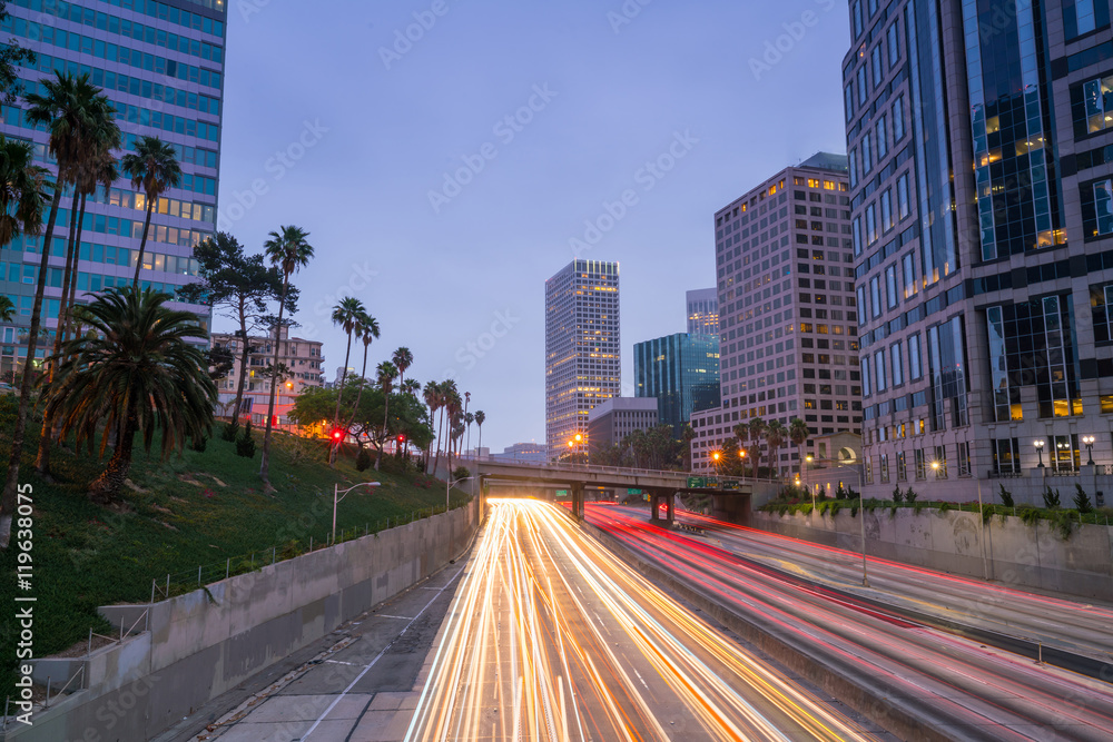 Downtown Los Angeles skyline during rush hour