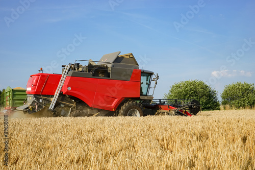 grain harvest - red harvester and grain cart