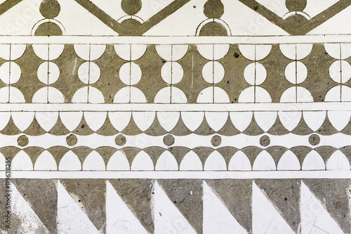 Hand-carved wall background decorated with local motifs in Pyrgi, Chios Island, Greece