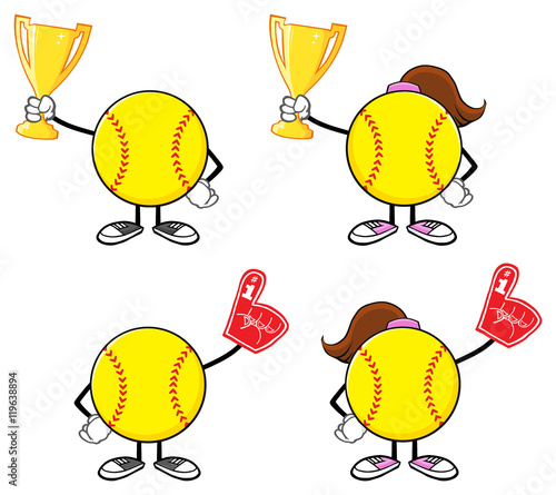 Softball Faceless Player Cartoon Character 7. Collection Set Isolated On White Background