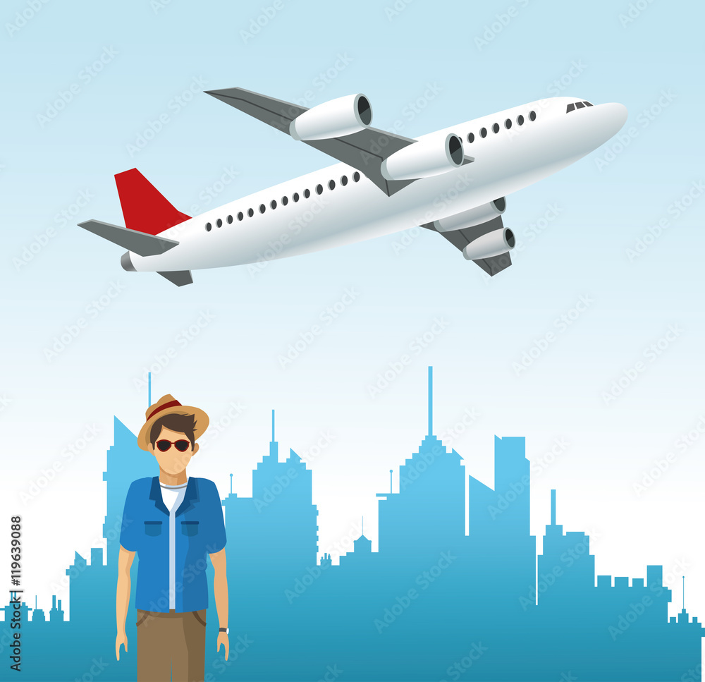 man boy glasses airplane travel trip airport vacation icon. Colorful and flat design. Vector illustration man boy glasses airplane travel trip airport vacation icon. Colorful and flat design. Vector illustration