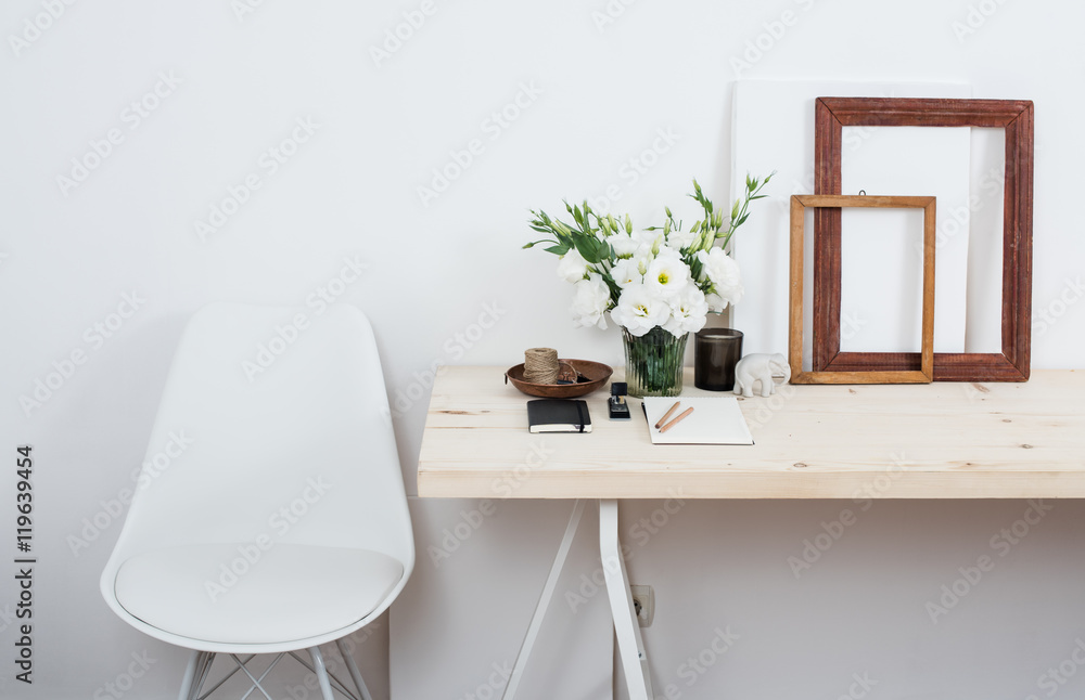 Stylish scandinavian interior design, white workspace Stylish scandinavian interior design, white workspace