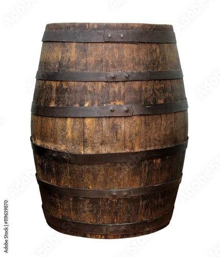 Fotografia Old wooden wine barrel isolated on white background
