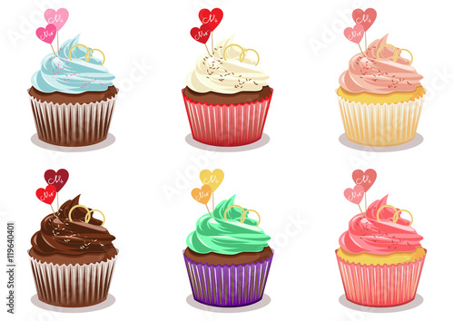 Set of colorful sweet cupcakes with decorations