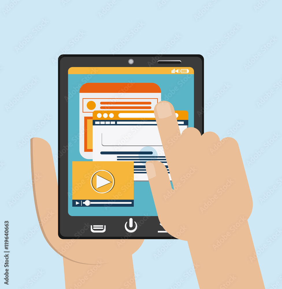 Tablet black website hand search movie device display gadget technology tool icon. Colorful and flat design. Vector illustration Tablet black website hand search movie device display gadget technology tool icon. Colorful and flat design. Vector illustration