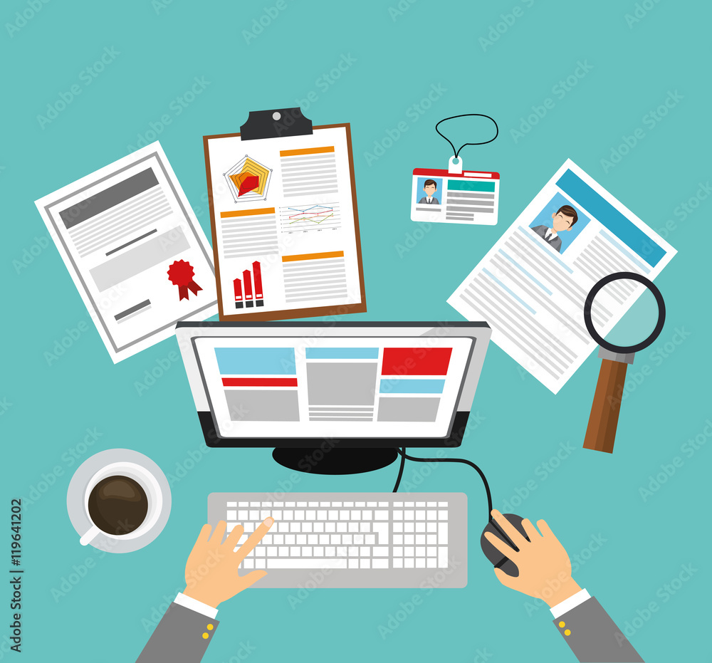 human resources document lupe coffee mug computer search employee business icon. Colorful design blue background. Vector illustration human resources document lupe coffee mug computer search employee business icon. Colorful design blue background. Vector illustration