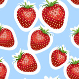 Pattern of realistic image of delicious big strawberries different sizes. Blue background