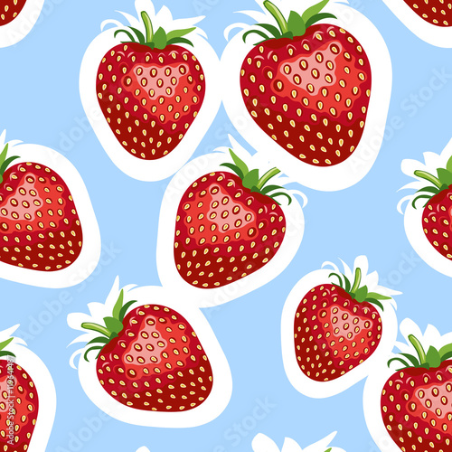 Fototapeta Naklejka Na Ścianę i Meble -  Pattern of realistic image of delicious big strawberries different sizes. Blue background