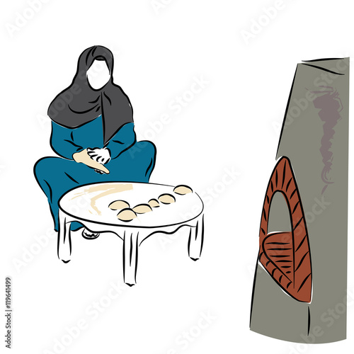 Eastern woman cooking flat cakes. Vector illustration drawn by hand.