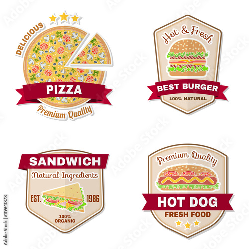 Set of vintage fast food badges, banners and logo emblems.