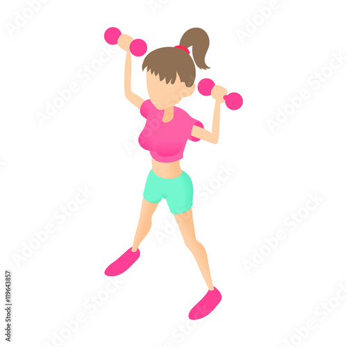 Fitness girl with dumbbells icon in cartoon style isolated on white background. Sport symbol