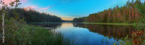 Panoramic beautiful landscape of the lake surrounded by forest in the night.
