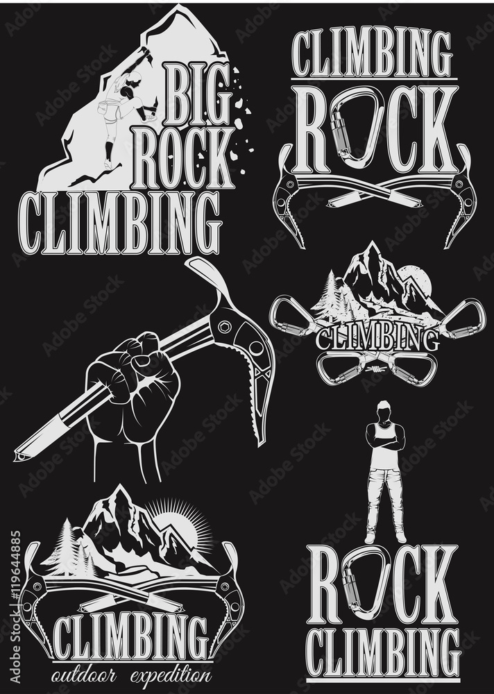 The set of symbols and logos for climbing and mountaineering. Co The set of symbols and logos for climbing and mountaineering. Co
