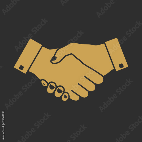 Handshake icon with gold fill on dark background. Hand gesture used as a greeting. In business used for the deal or agreement to become binding.