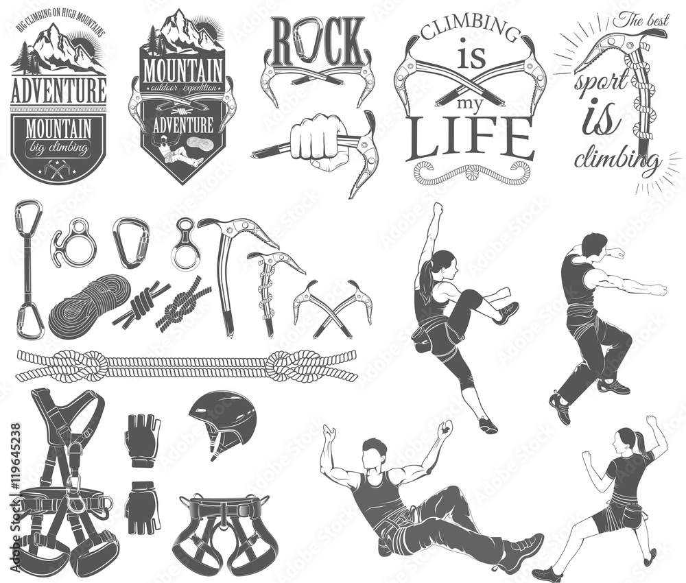 The set of symbols and logos for climbing and mountaineering. Co