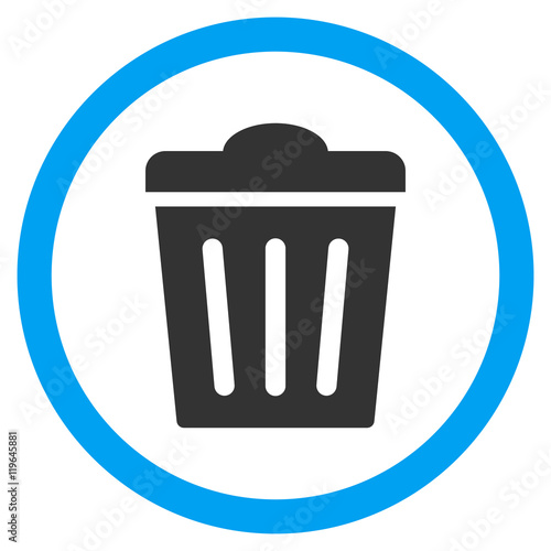 Trash Can vector bicolor rounded icon. Image style is a flat icon symbol inside a circle, blue and gray colors, white background.