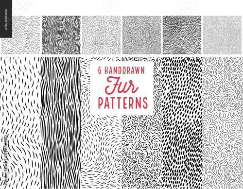 Handdrawn patterns set. Fur seamless patterns with an usage example photo
