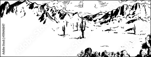 Outline Sketch of Arizona Desert with Cactus