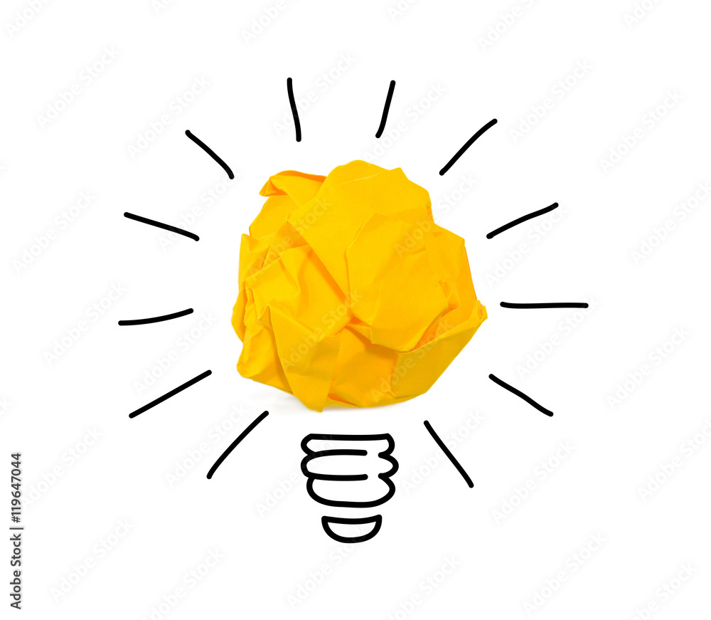 Inspiration crumpled yellow paper light bulb idea - obrazy, fototapety, plakaty 