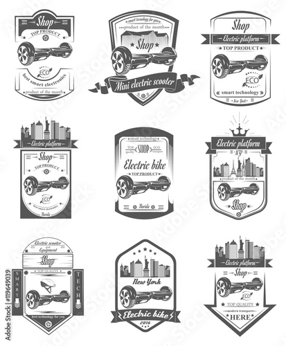 A set of logos for store. Two wheeled self-balancing mini electr