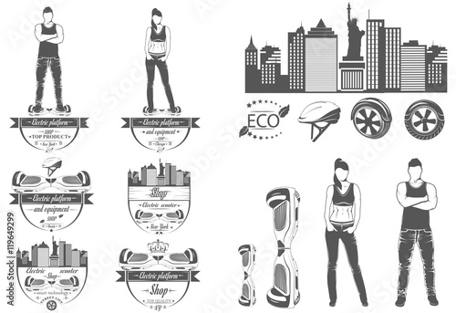 A set of logos for store. Two wheeled self-balancing mini electr