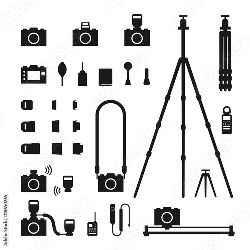 Photographer tool silhouette icon set illustration black and white color isolated on white background