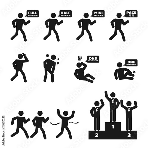 Marathon man story icon set illustration pictogram black and white color isolated on white background