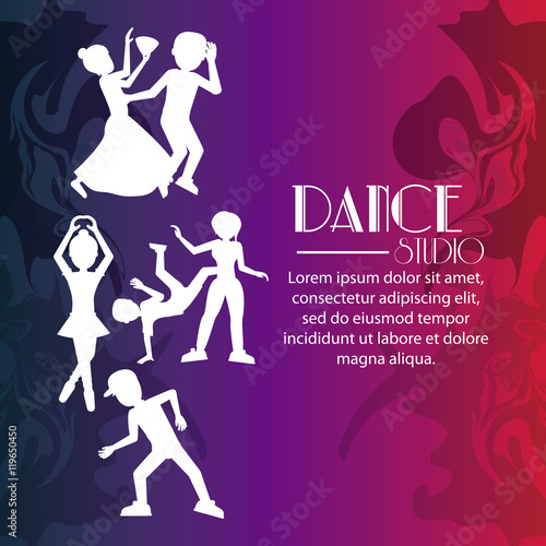 girls boys cartoons avatar dancer dance studio academy advertising icon. Silhouette design. Splash background. Vector illustration