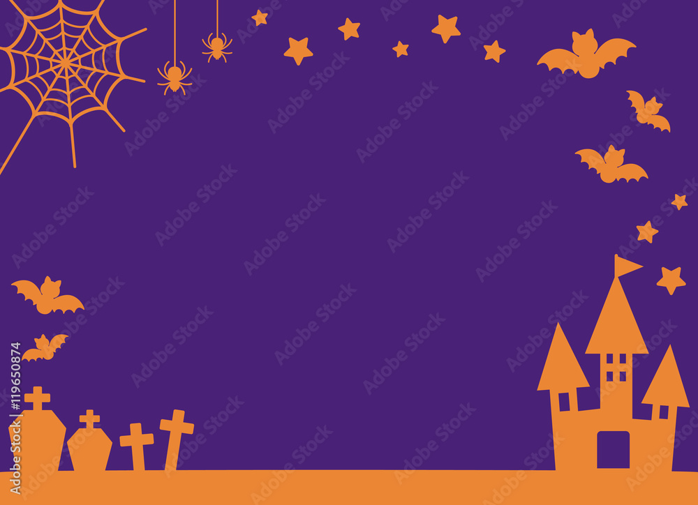 シルエット風ハロウィンデザインのコピースペース・背景　紫とオレンジ色　横方向　ベクター素材